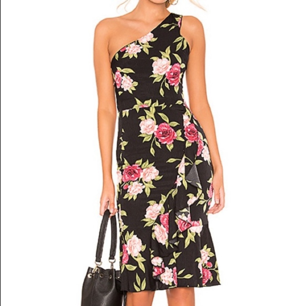 Superdown Black Floral One Shoulder Midi Dress